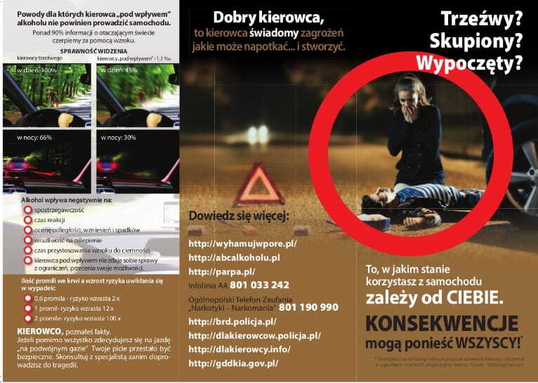 Ulotka: Profilaktyka prowadzenia pojazdów w stanie zwiększającym ryzyko wypadków drogowych, z naciskiem na nietrzeźwość kierowcy