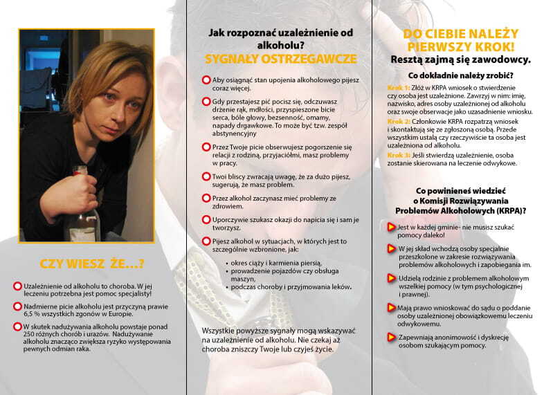 Ulotka: Profilaktyka alkoholizmu w rodzinach, promocja procedury zobowiązania do podjęcia leczenia odwykowego